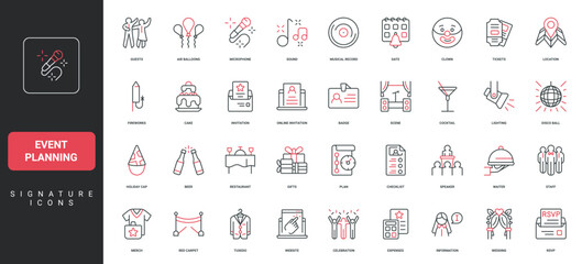 Event planning, wedding and birthday party, conference organization, registration and invitation line icon set. Timeline plan of celebration, music thin black and red symbols vector illustration