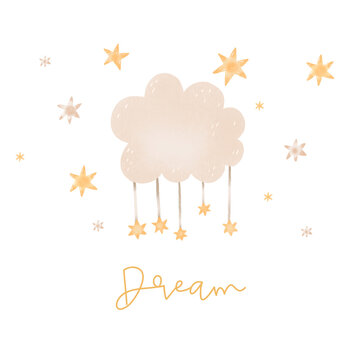 Stars on cloud hand dran poster for kids baby bedroom. Newborn illustration. Baby room hand drawn decor