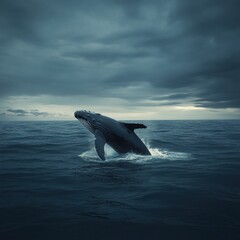 Fototapeta premium Humpback whale breaches the ocean surface under cloudy sky at dusk