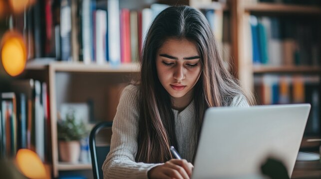 Young hispanic ethnic teen girl college student using laptop computer writing on pc working from home office or studying on tech device in classroom sit at desk. Online education, elearning concept.