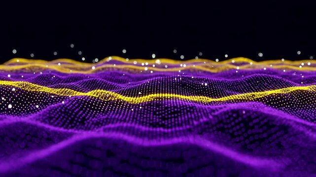 a mesmerizing sci-fi environment with dynamic neon purple and yellow flows, dotted with luminous points of light on a pitch-black canvas