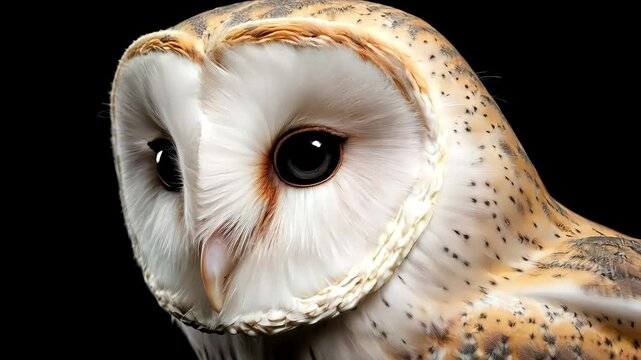 barn owl is standing at the camera on black background