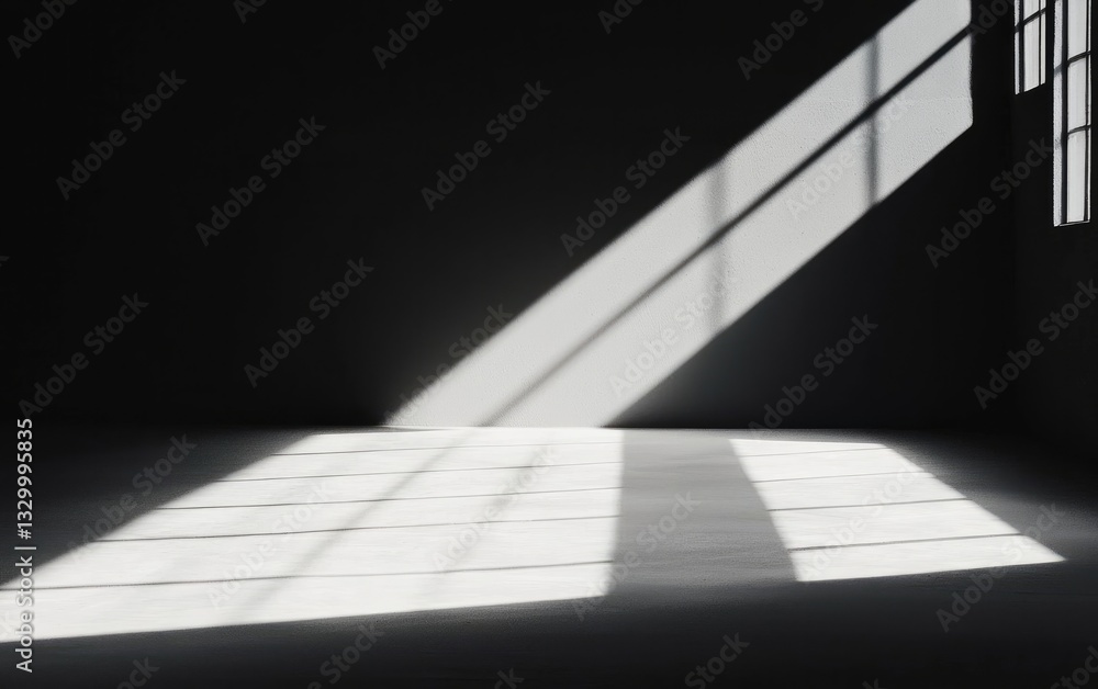 Poster Bright sunlight streams into a dimly lit room through a large window and illuminate the textured floor with light and shadows creating an abstract composition