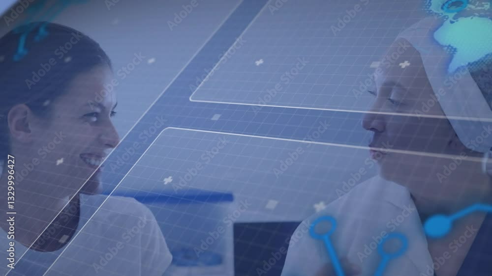 Poster in laboratory, scientists discussing research with digital animation overlay on data