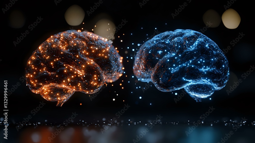 Poster glowing orange and blue brain shapes with network connections on black background illustrate artific