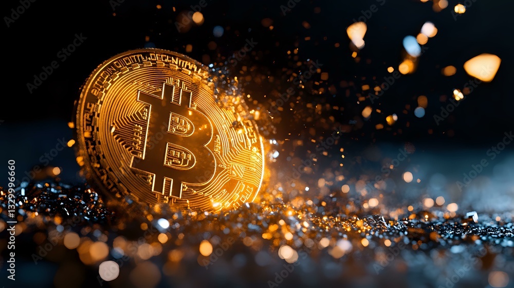 Poster golden bitcoin coin with glowing sparkles and bokeh effects on dark background, dramatic cryptocurre