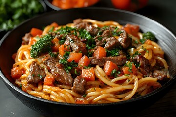 Homemade spaghetti pasta with beef meatballs, broccoli, carrots and tomatoes in rich tomato sauce served in black cast iron pan. Fresh herbs garnish.