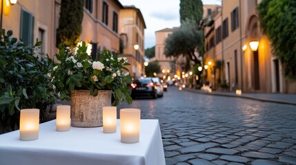 Obraz premium Cobblestone streets of Rome illuminate at dusk, showcasing historic buildings and a warm, inviting atmosphere