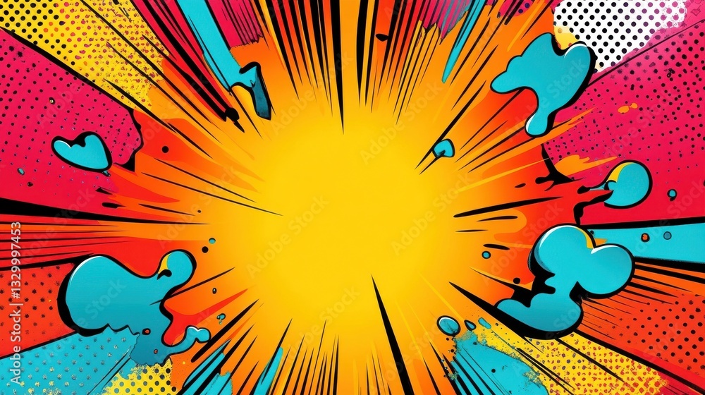 Poster vibrant pop art background with bold colors and geometric patterns, leaving ample space on the left 