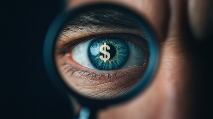 Business analysis, financial statements, and financial planning. Understanding business and having strong investment skills. A magnifying glass and an eye with a dollar symbol.