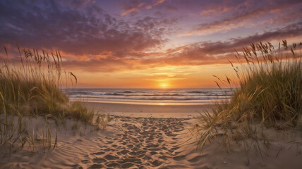 Sunset Over the Beach with Tall Grass