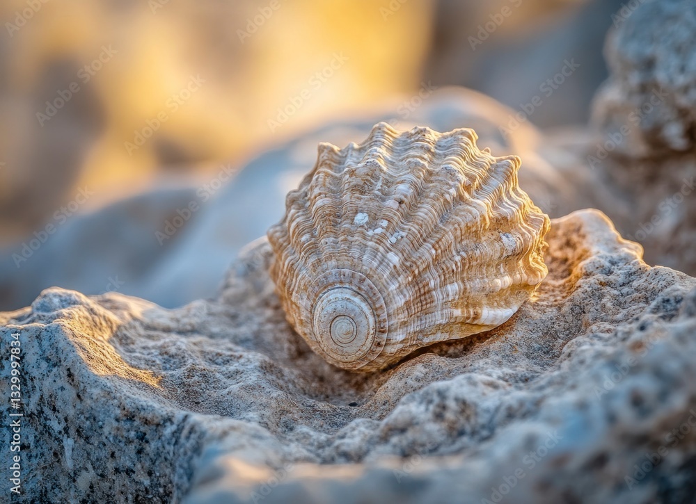 Poster seashell resting on coastal rock close up with soft warm light