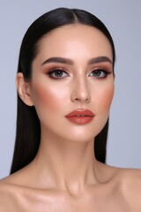 a close up of a woman with a long black hair and a pink lip