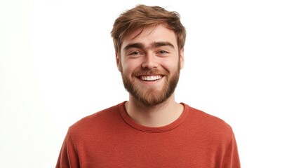 Obraz premium Smiling bearded young male model rejoices coming weekends, dressed casually, isolated over white background. Positive pleased student being in good mood after successfully passed exams at college