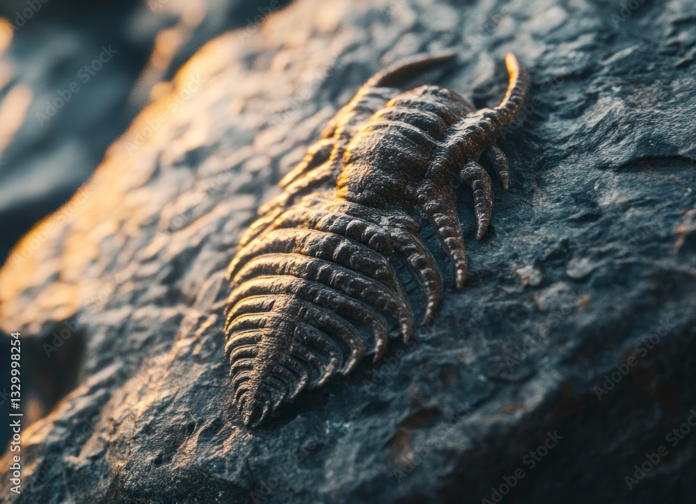 Poster fossilized trilobite specimen resting on dark rock background in soft light