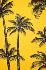 Many exotic tropical palm trees silhouettes close up isolated on vibrant yellow background. Summer holiday travel celebration design illustration.