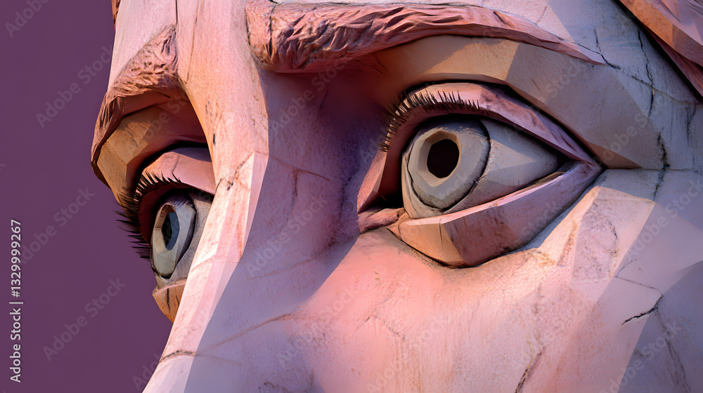 Poster a unique artistic representation of a face set against a purple background utilizing polygonal shadi