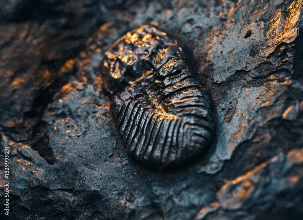 Poster fossilized trilobite close-up embedded in dark rock formation discovery