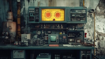 Vintage Laboratory Equipment in Grungy Workshop