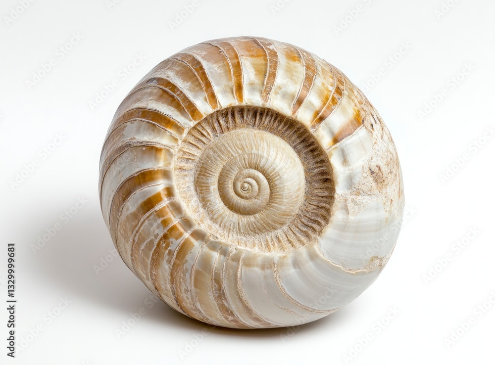 Poster close-up of fossilized ammonite with intricate spiral pattern and white background