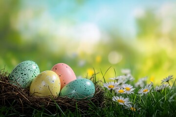 Obraz premium Easter is celebrated with a nest of eggs in the grass on a sunny spring day, serving as a festive holiday background