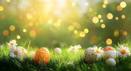 A vibrant spring Easter scene featuring painted eggs on a lush green lawn
