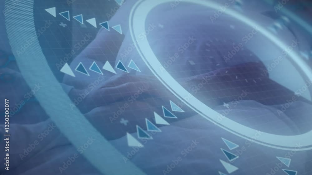 Poster digital animation with geometric patterns and circular elements in futuristic style