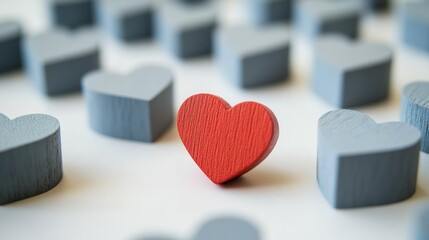 Single red heart among many grey hearts.