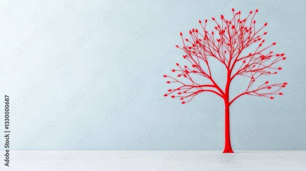 Poster red tree with many branches is on a white wall. the tree is surrounded by a blue background. the tre