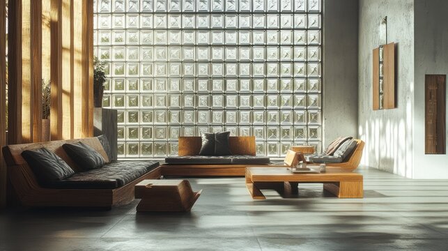 Modern living room, glass block wall, sunlight, minimalist furniture, interior design