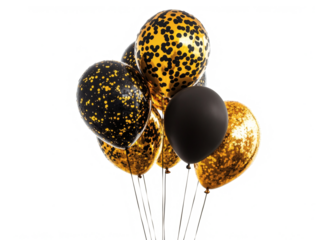 Elegant black and gold balloons create festive, perfect for celebrations and special occasions. Shiny surfaces reflect light beautifully for birthday party, wedding invitation, kids, xmas and new year