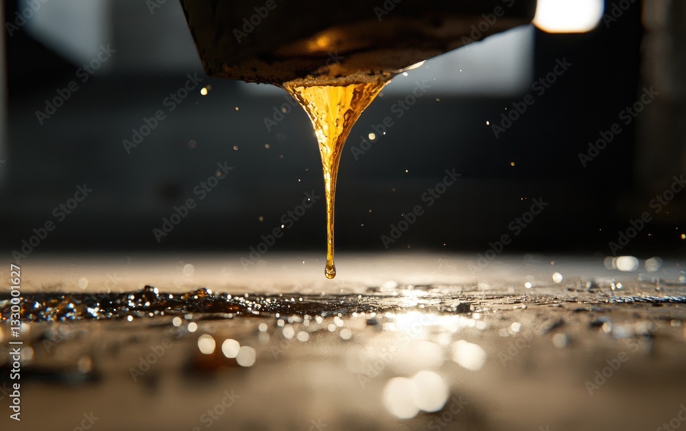 Poster close-up of a viscous golden liquid dripping onto a reflective surface in a dimly lit setting with s