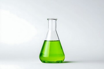 A clear glass erlenmeyer flask filled with vibrant green liquid centered against a plain white background