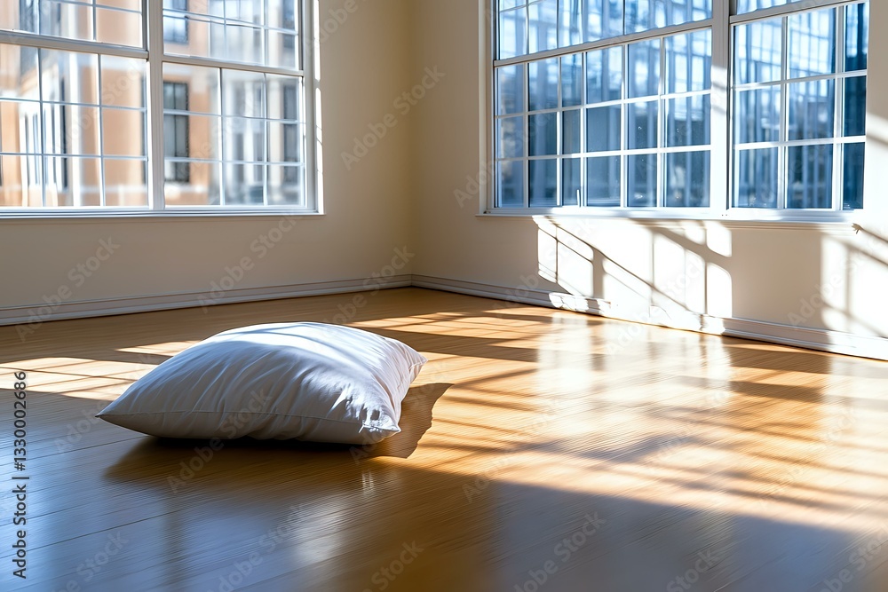 Poster sunlight streaming through large windows casting geometric shadows on hardwood floor with single whi