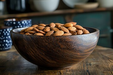 Fresh whole almonds in rustic wooden bowl on dark wooden table, selective focus with blurred background creates cozy kitchen atmosphere.