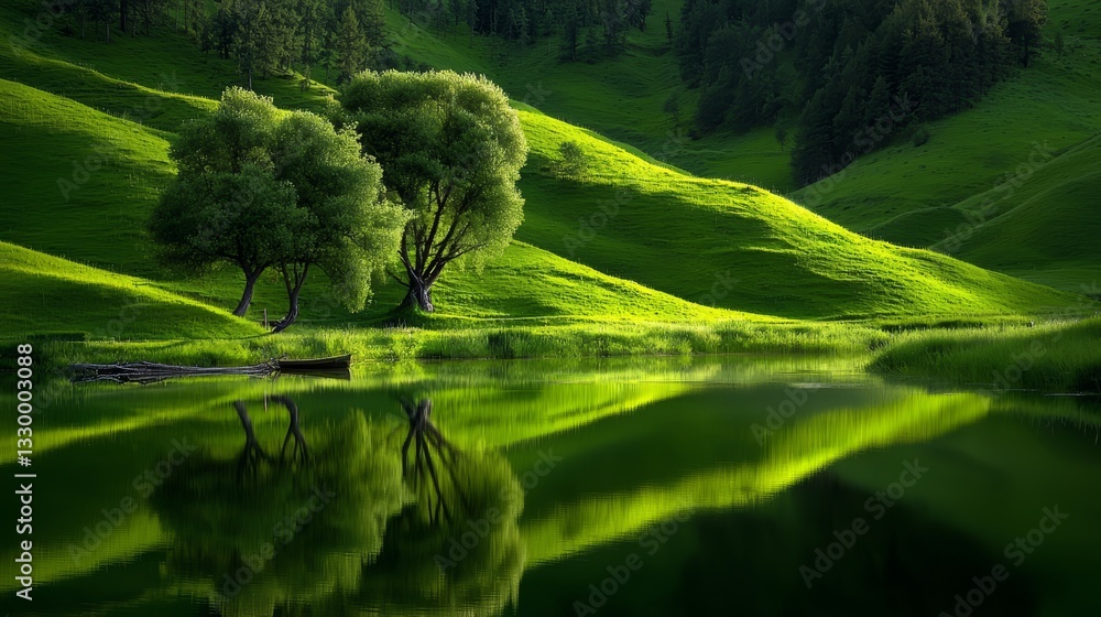 Aufkleber serene landscape with a lake and two trees. the trees are green and the grass is lush. the lake is c