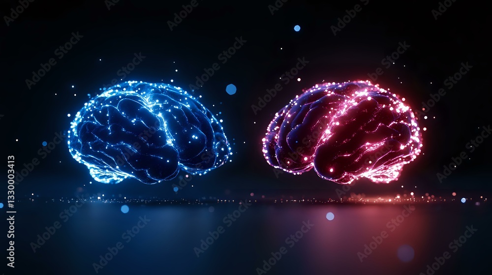 Poster glowing neon brains in blue and pink colors facing each other on dark background with particles and 