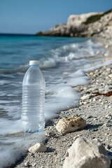 Plastic water bottle on rocky beach with turquoise sea waves and white cliffs in background, highlighting environmental pollution and waste impact on nature.