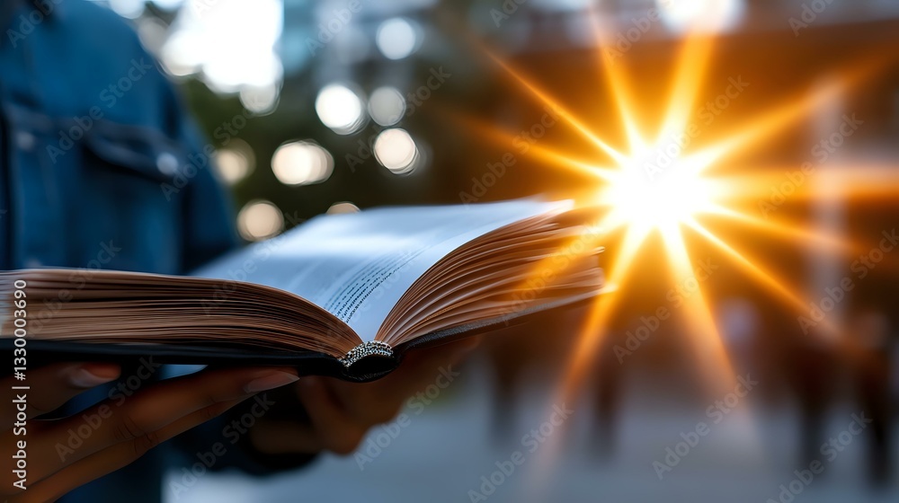 Poster open book with bright sunburst light effect creating inspirational atmosphere. pages flutter in bree