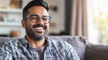 Obraz premium Happy mature middle eastern man wearing eyeglasses sitting on couch. Portrait of indian man relaxing at home and looking away with big smile. Mid adult guy with specs thinking about his future.