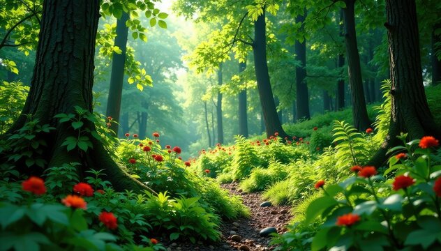 Overgrown forest clearing with ferns and wildflowers, greenery, trees