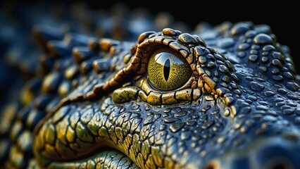 Close-up of a crocodile's face highlighting textured scales and piercing yellow eye