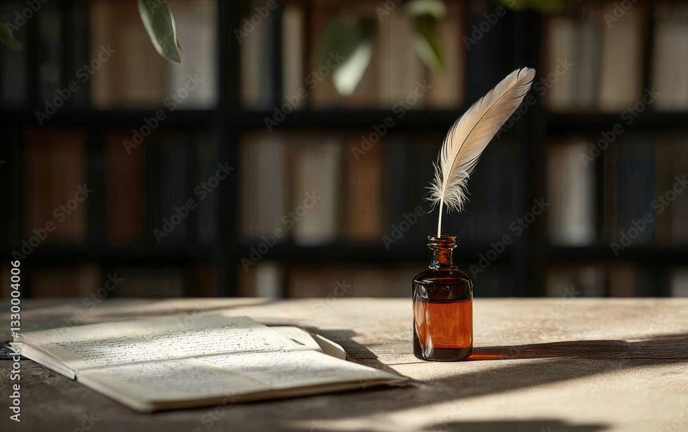 Poster feather quill pen in glass inkwell on rustic table with open book in vintage library setting