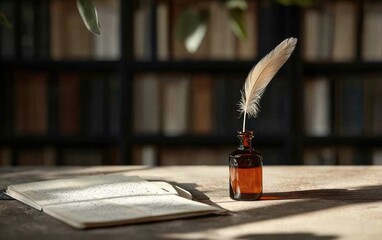 Feather Quill Pen in Glass Inkwell on Rustic Table With Open Book in Vintage Library Setting