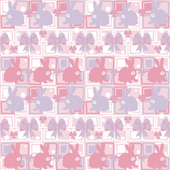 Easter cute with ribbons. Vector of gentle Easter bunnies. Sweet pastel. Cute background for clothes, card and bed sheet. Seamless pattern.