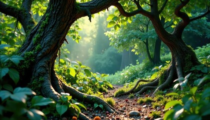 Overgrown garden with tangled vines and twisted roots, thorny plants, tree roots, gnarled wood