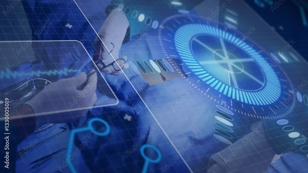 Poster performing surgery, surgeons using digital interface with animation and data overlay