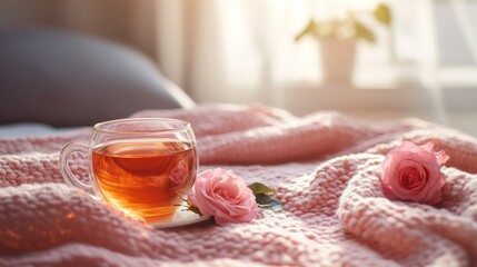 Tea roses and a warm drink on a pink blanket