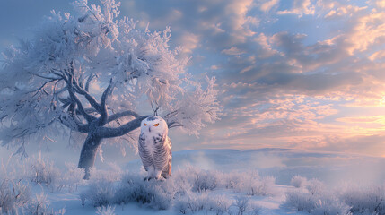 snowy owl sitting on a frost-covered tree in winter 