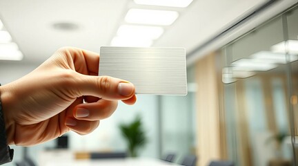 A hand with a blank business card with a place for the text